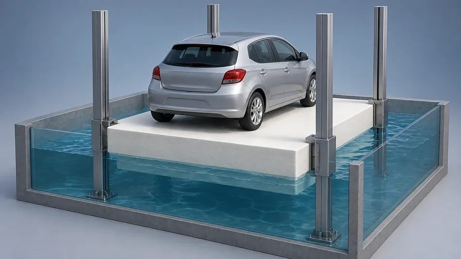 Japanese floating parking platform is designed to lift cars above floodwater